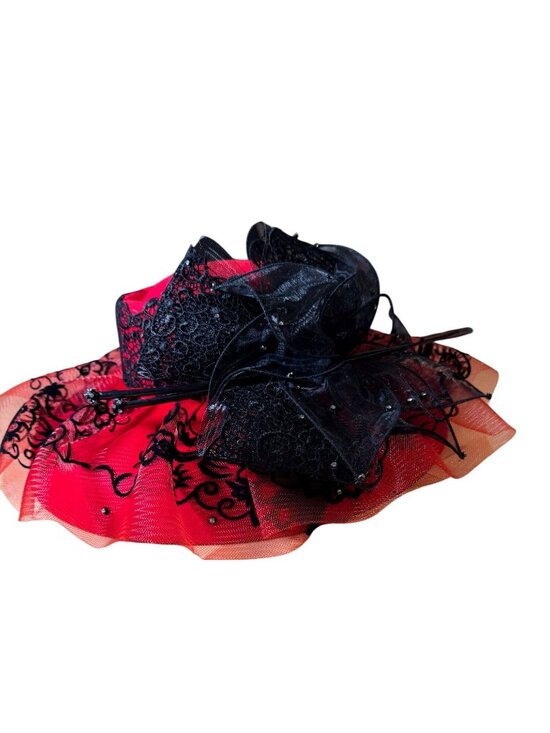 Ms. Divine Accessories - Ms Divine Elegant Red & Black Lace Wide Brim Hat Derby Church NEW